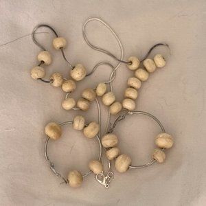 Necklace and Round Earrings, with carved bone beads, 16", 925 silver chain